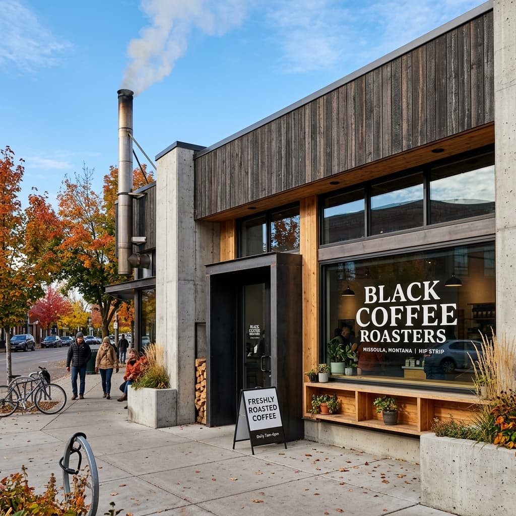 Exterior facade of Black Coffee Roasters on the Hip Strip with wood-fired roaster exhaust stack visible