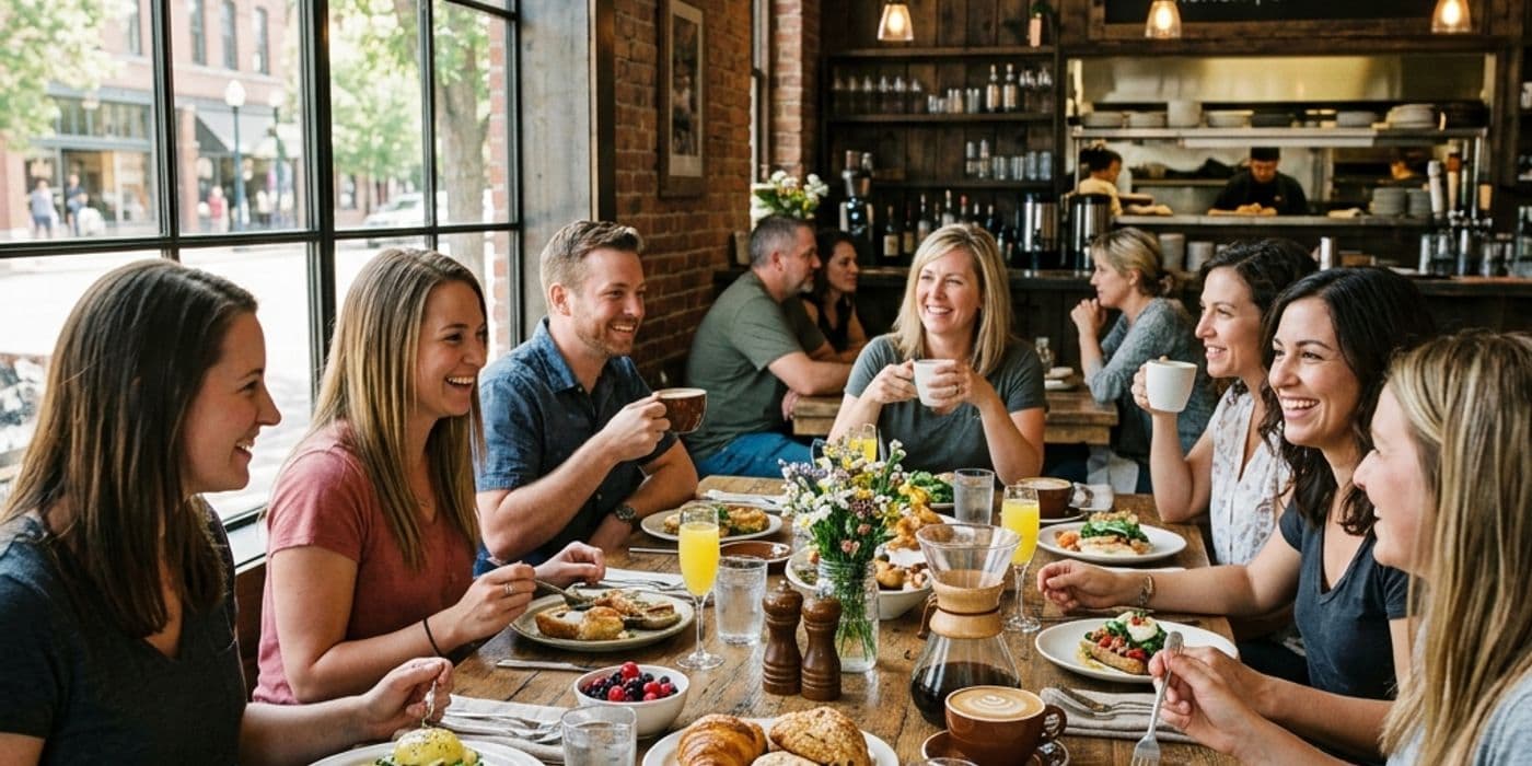 Cozy community table at Burns Street Bistro in Missoula Northside serving fresh brunch and local coffee