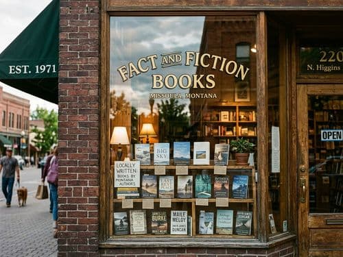 Charming display window at Fact and Fiction Books featuring regional Montana authors and local novels