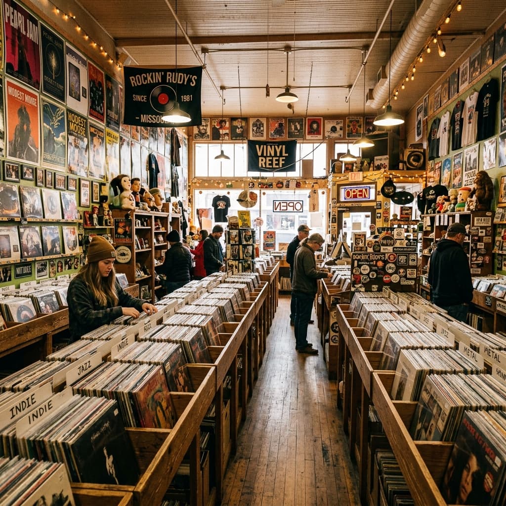 The sprawling interior of Rockin Rudys record store filled with vinyl bins and local novelty items